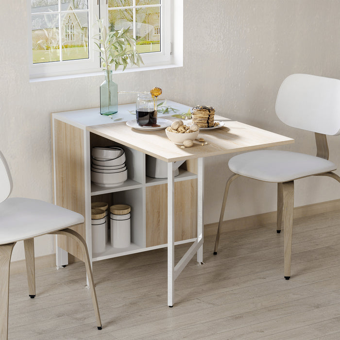 Foldable Dining Table Folding Workstation for Small Space with Storage Shelves Cubes Oak & White