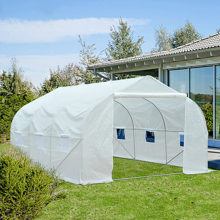 3.5 x 3 x 2m Walk-In Greenhouse Polytunnel Greenhouse Garden Hot House with Steel Frame, Roll Up Door and Windows, White