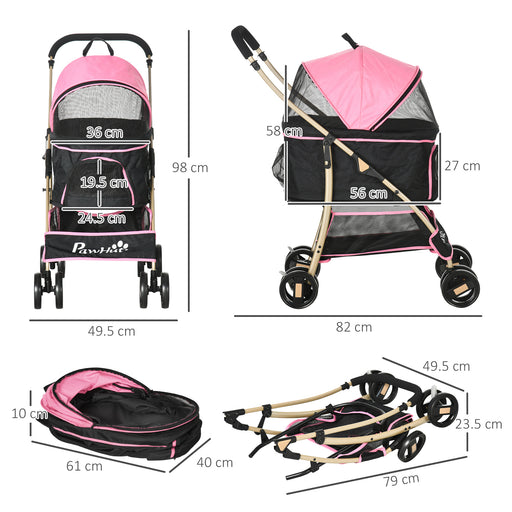 Detachable Pet Stroller, 3 In 1 Dog Cat Travel Carriage, Foldable Carrying Bag w/ Universal Wheels, Brake, Canopy, Basket, Storage Bag - Pink