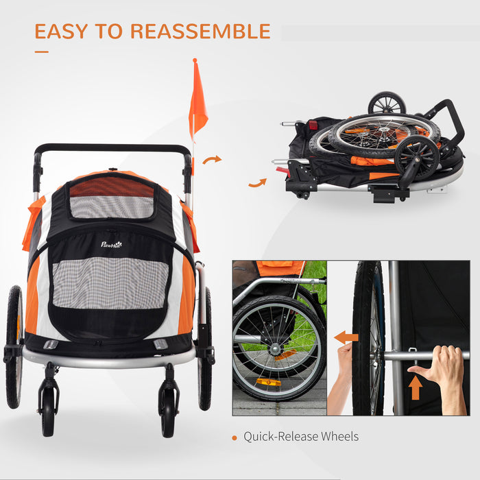 Dog Bike Trailer 2-in-1 Pet Stroller for Large Dogs Cart Foldable Bicycle Carrier Aluminium Frame with Safety Leash Hitch Coupler Reflector Flag Orange