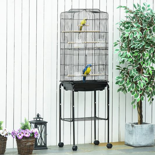 Bird Cage Budgie Cages for Finch Canary Parakeet with Stand Wheels Slide-out Tray Accessories Storage Shelf, Black 46.5 x 36 x 157 cm