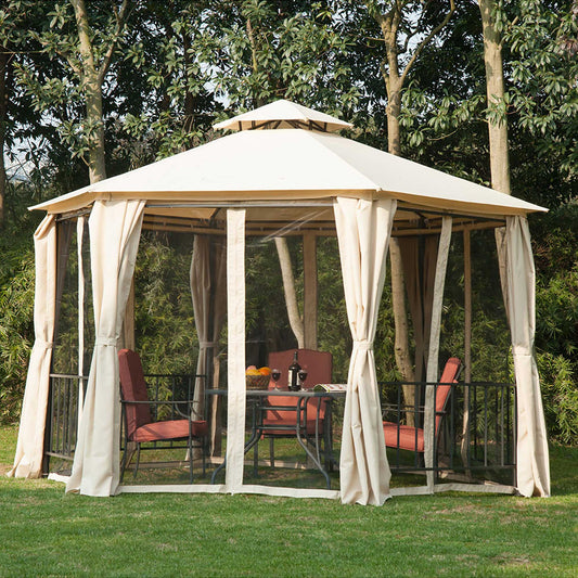 Outsunny 3 x 3(m) Hexagon Gazebo Patio Canopy Party Tent Outdoor Garden Shelter w/ 2 Tier Roof & Side Panel - Beige
