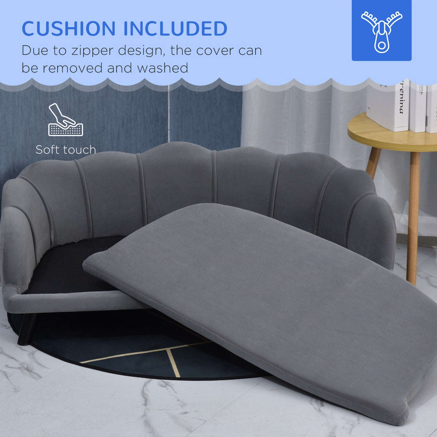 Dog Sofa for Medium, Large Dogs, Shell Shaped Pet Couch Bed w/ Legs, Cushion, Washable Cover - Grey