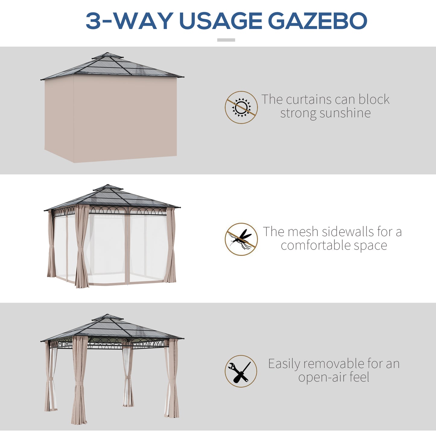 3 x 3m Outdoor Polycarbonate Gazebo with Double Roof, Galvanised Steel Frame and Curtains