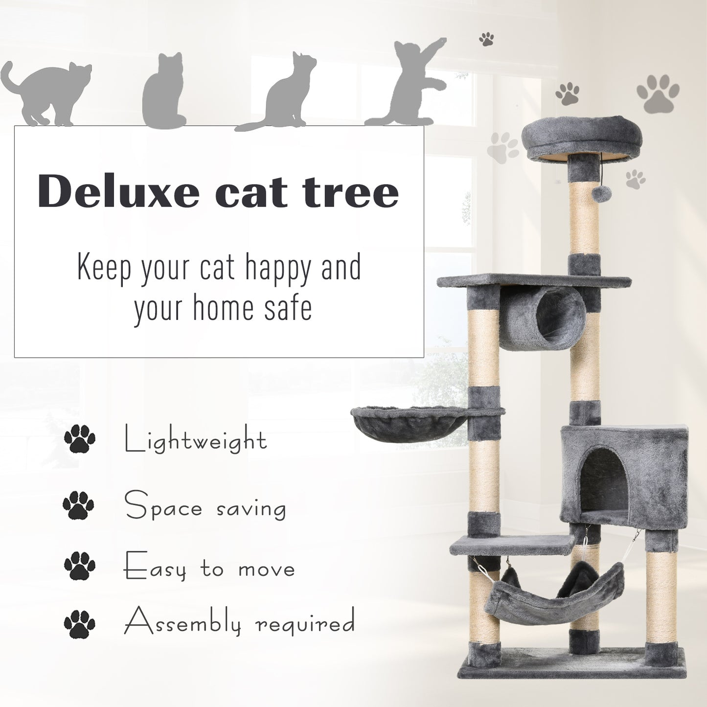 Cat Tree for Indoor Cats Condo Tower Multi-level Height 150CM Kittens Activity Stand House with Toys & Various Scratching Posts