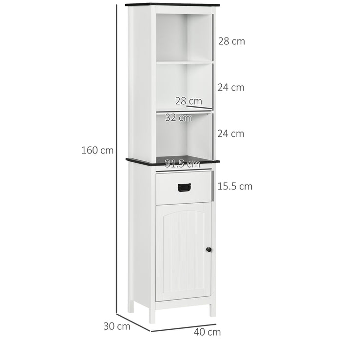 Kleankin Tall Bathroom Cabinet, Freestanding Slim Storage Cupboard with Adjustable Shelves and Drawer for Living Room, Slim Organiser Unit, White