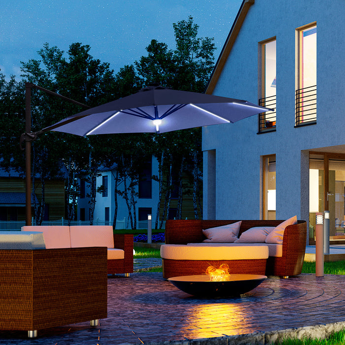 3(m) Cantilever Roma Parasol Garden Sun Umbrella Outdoor Patio with LED Solar Light Cross Base 360° Rotating, Blue