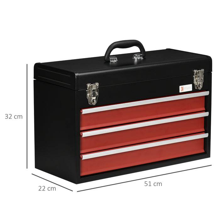 Tool Box - 3 Drawer Tool Chest, Lockable Metal Tool Box with Ball Bearing Runners, Portable Toolbox, 510mm x 220mm x 320mm, Black