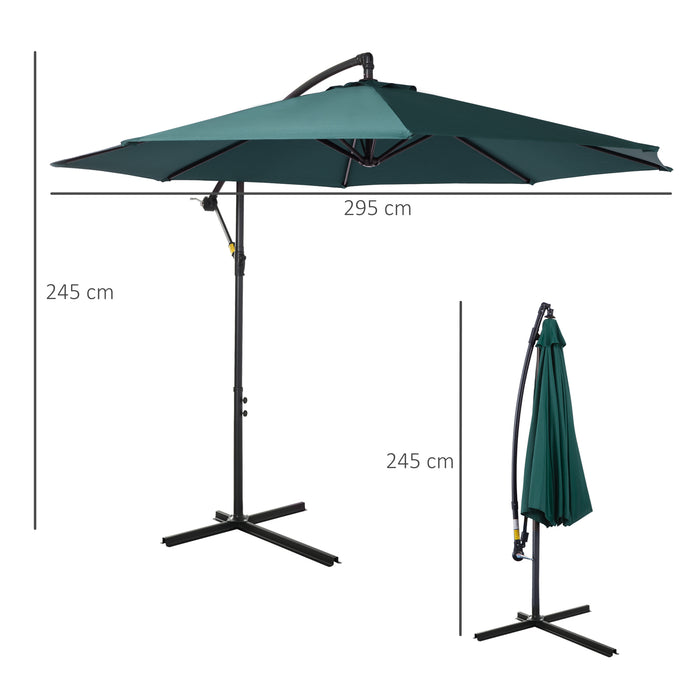 3(m) Banana Parasol Hanging Cantilever Umbrella with Crank Handle, 8 Ribs and Cross Base for Outdoor, Sun Shade, Dark Green