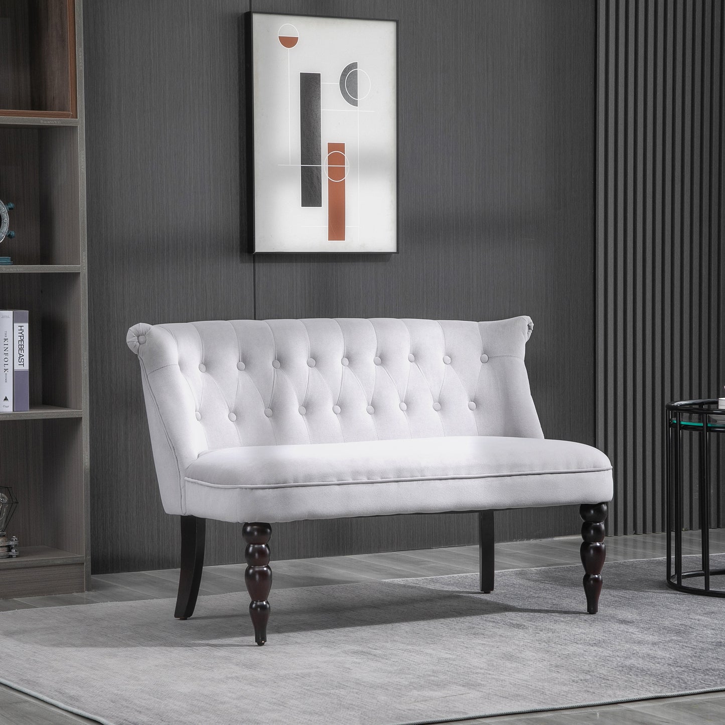 2 Seat Sofa Lounger Couch with Wood Frame Button Tufts Carved Legs Vintage Design Compact Home Bedroom Loveseat Grey