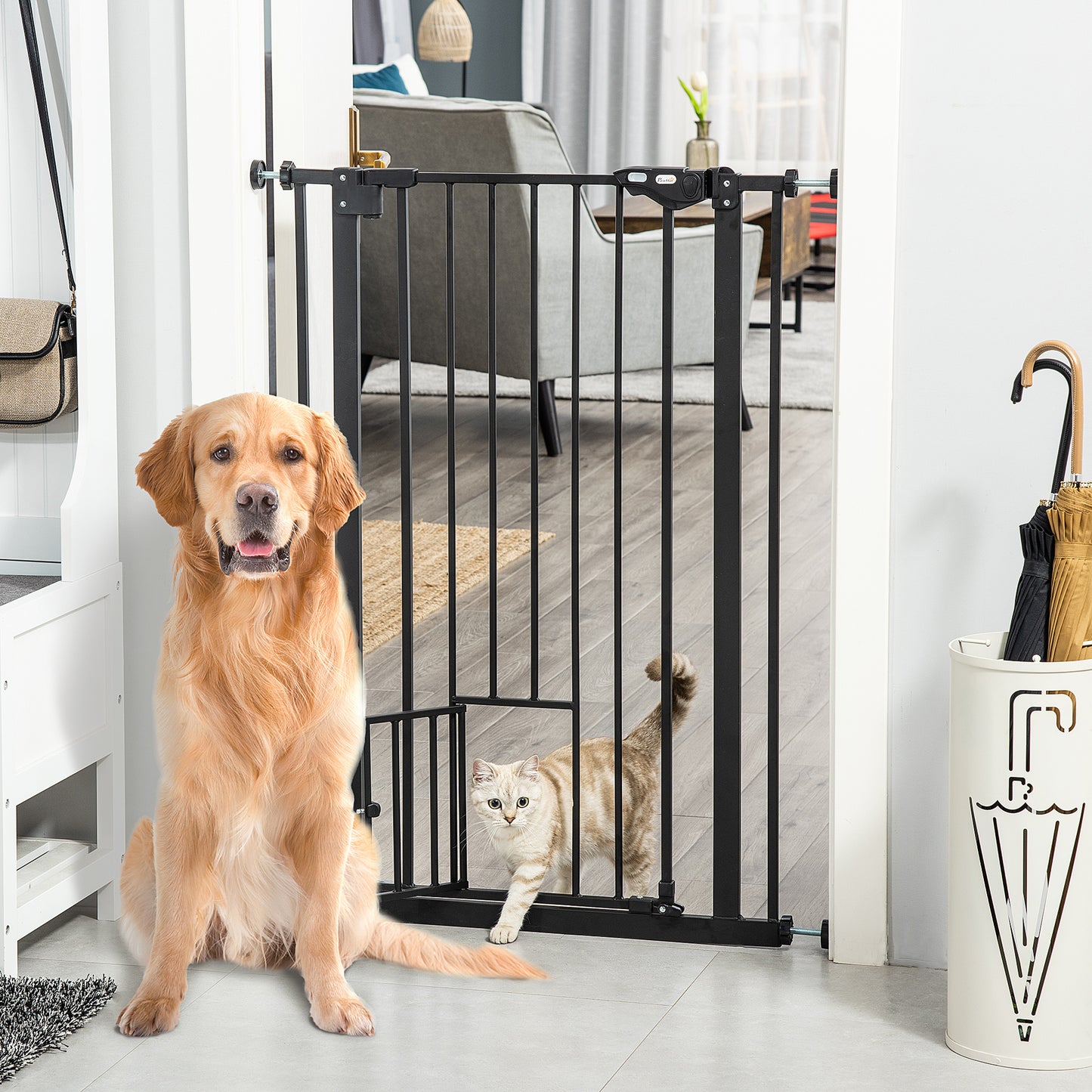 Extra Tall Dog Gate with Cat Flap, Pet Safety Gate for Doorways Stairs with Auto Close Double Locking, 104 cm Tall 74-80 cm Wide, Black