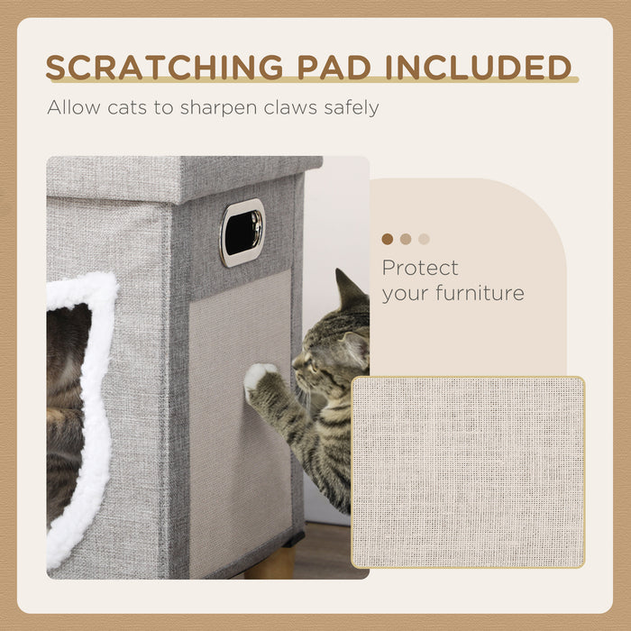 2 in 1 Cat Bed Ottoman, Comfortable Cat Sleeping Cave House w/ Removable Cushion, Scratching Pad, Handles, Anti-Slip Foot Pad, Toy Ball, Entrance - Grey