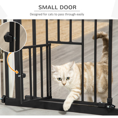Extra Tall Dog Gate with Cat Flap, Pet Safety Gate for Doorways Stairs with Auto Close Double Locking, 104 cm Tall 74-80 cm Wide, Black