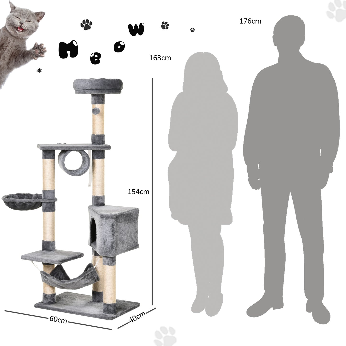 Cat Tree for Indoor Cats Condo Tower Multi-level Height 150CM Kittens Activity Stand House with Toys & Various Scratching Posts