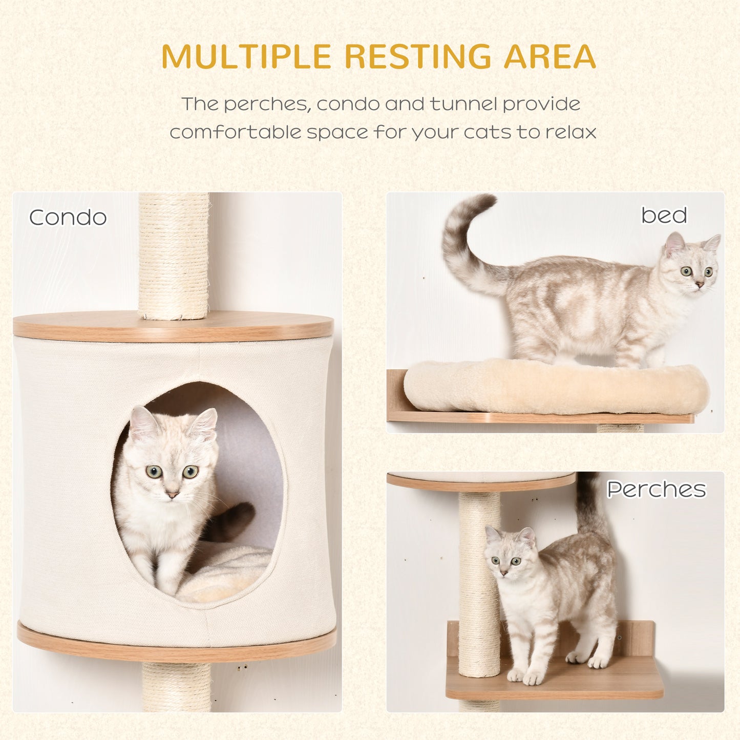 Cat Tree for Indoor Cats Wall-Mounted Cat Shelf Shelter Kitten Perch Climber Furniture w/ Condo Bed Scratching Post – Beige