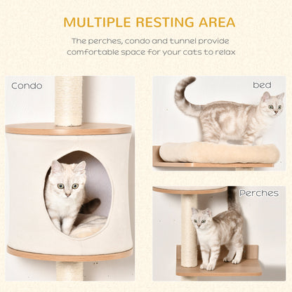 Cat Tree for Indoor Cats Wall-Mounted Cat Shelf Shelter Kitten Perch Climber Furniture w/ Condo Bed Scratching Post – Beige
