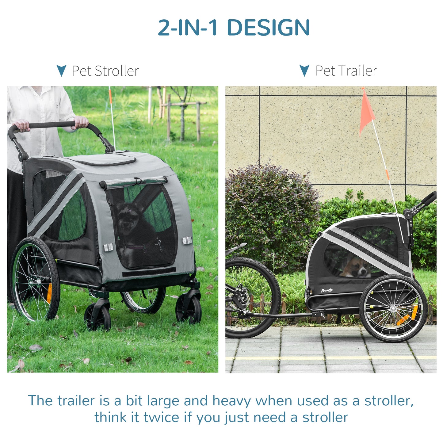 Dog Bike Trailer 2-in-1 Pet Stroller Cart Bicycle Carrier Attachment for Travel in steel frame with Wheels Hitch Coupler Reflectors Flag Grey