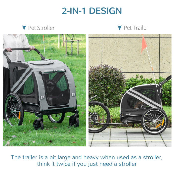 Dog Bike Trailer 2-in-1 Pet Stroller Cart Bicycle Carrier Attachment for Travel in steel frame with Wheels Hitch Coupler Reflectors Flag Grey