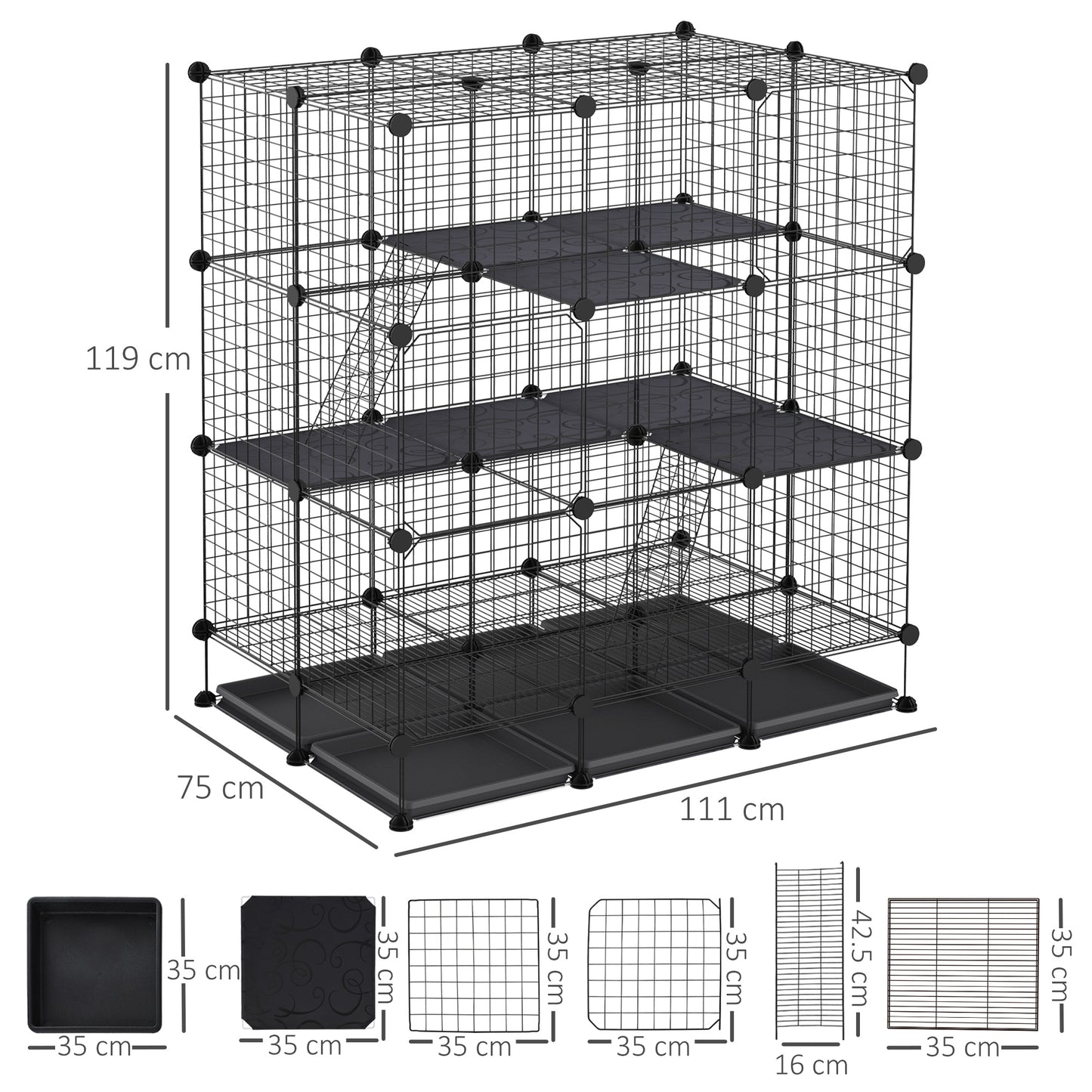 3 Level DIY Pet Playpen Metal Small Animal Cage Rabbit Ferret Chinchillas Cage 4 Doors Bottom Trays Black