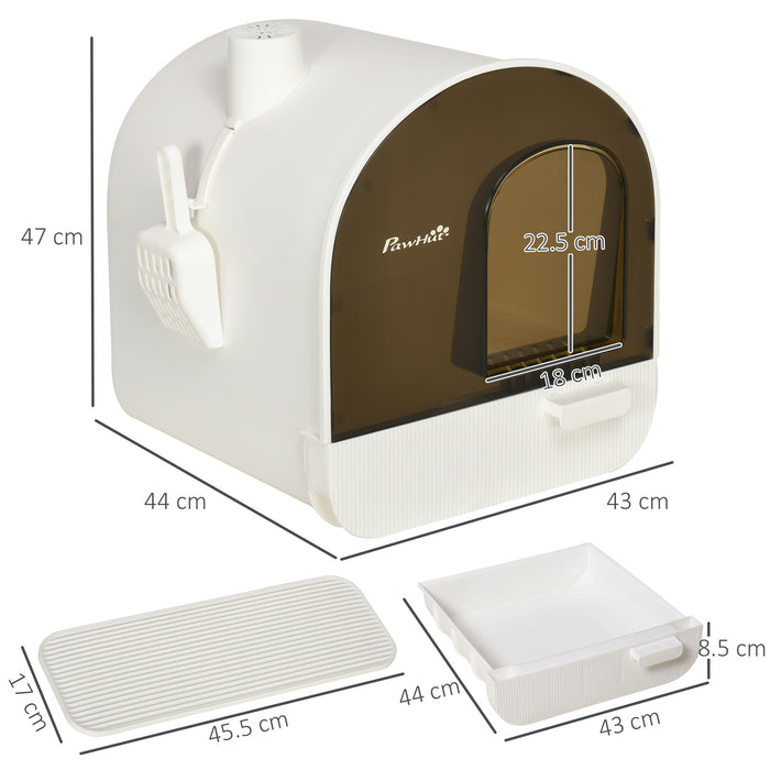 Cat Litter Box Kitten Litter Tray w/ Hood, Scoop, Filter, Flap Door, 43 x 44 x 47cm - White