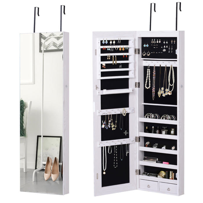 Mirrored Jewellery Storage Cabinet Door Mounted/Wall mounted Organiser Hanging Lockable w/ 6 Inner LED Lights White