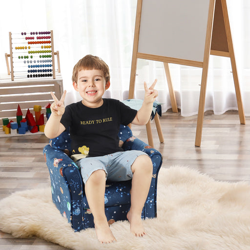 Kids Planet-Themed Armchair, with Non-Slip Feet, Wooden Frame - Blue