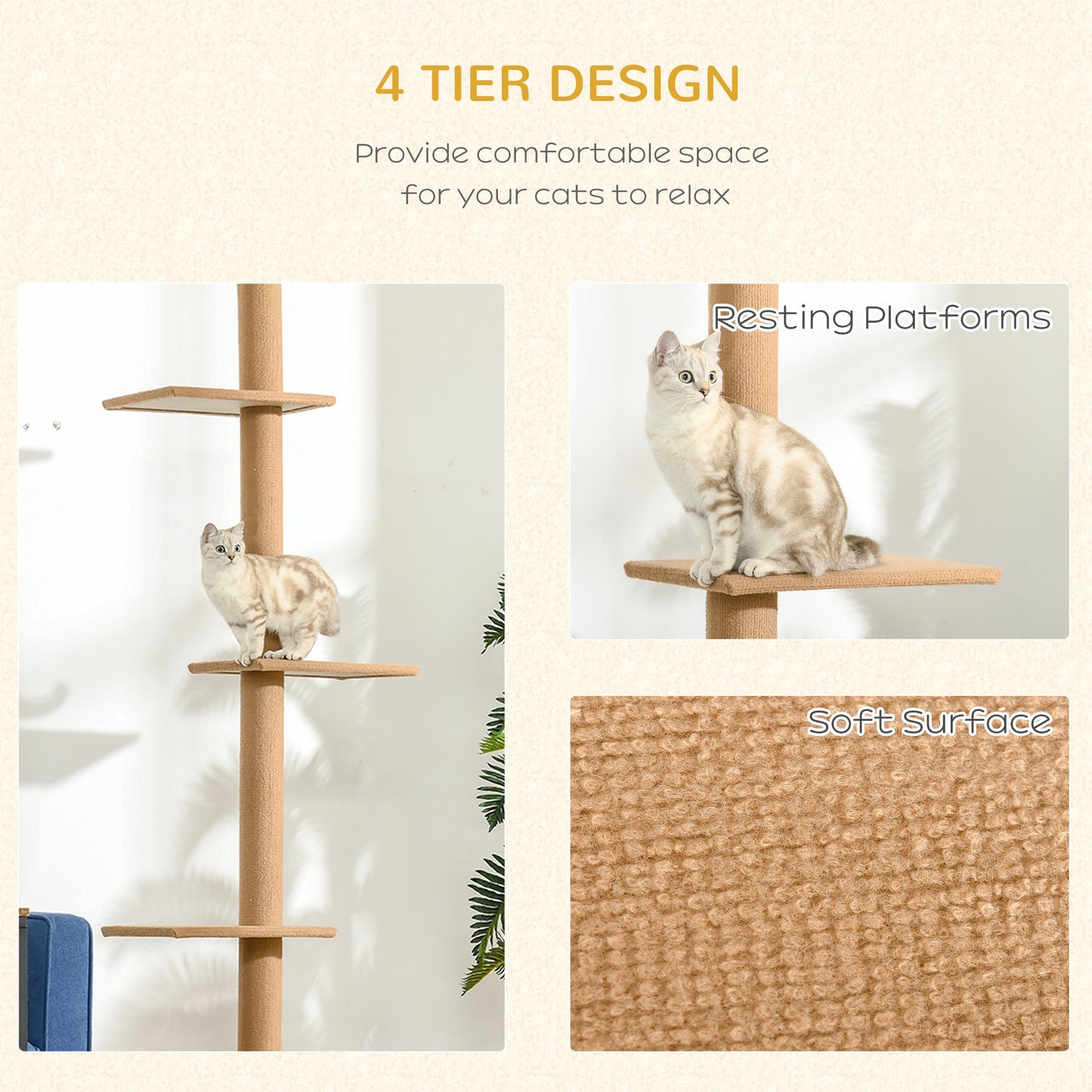 260cm Floor To Ceiling Cat Tree for Indoor Cats w/ Three Platforms Activity Centre - Brown