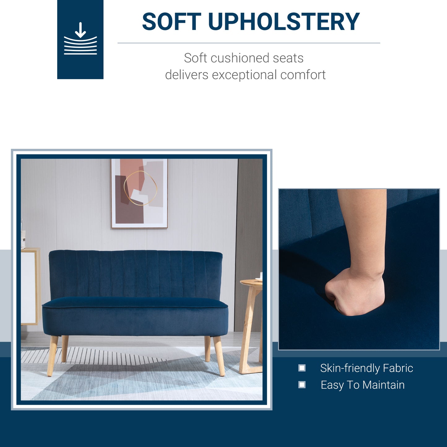 Modern Velvet Double Seat Sofa w/ Wood Frame Foam Padding High Back Soft Comfortable Compact Couch Home Office Stylish Plush Touch Blue