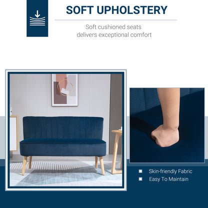 Modern Velvet Double Seat Sofa w/ Wood Frame Foam Padding High Back Soft Comfortable Compact Couch Home Office Stylish Plush Touch Blue