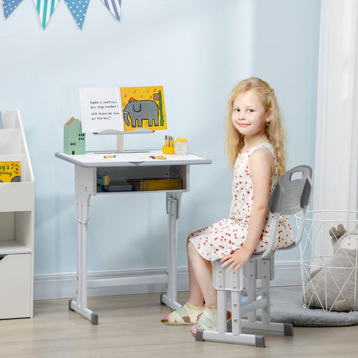 HOMCOM Kids Desk and Chair Set Adjustable Height Study Table Set w/ Drawer, Book Stand, Pen Slot - Grey