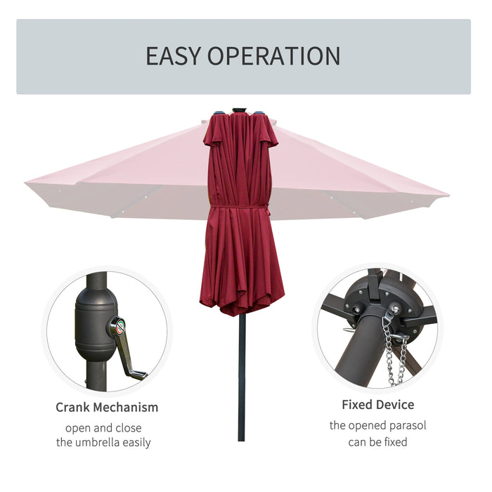 4.4m Double-Sided Sun Umbrella Garden Parasol Patio Sun Shade Outdoor with LED Solar Light, NO BASE INCLUDED, Wine Red