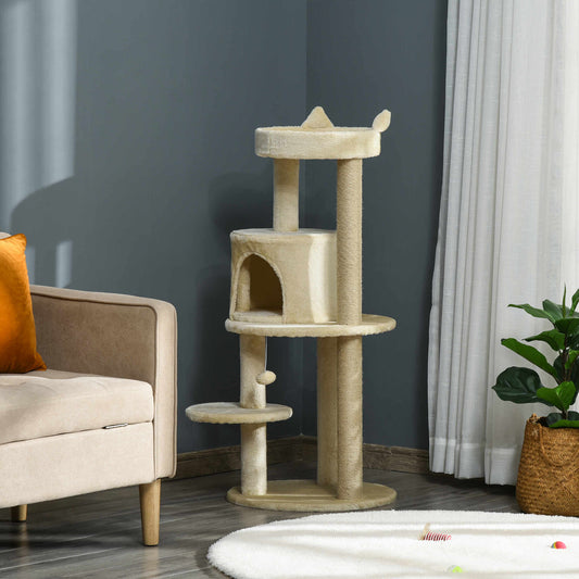104 cm Cat Tree, Cat Condo Tree Tower, Cat Activity Centre with Scratching Posts, Plush Perch, Hanging Ball - Beige