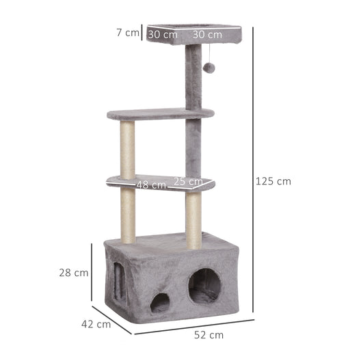 125cm Cat Tree for Indoor Cats Kitten Tower 4 level Activity Center Pet Furniture Sisal Scratching Post Condo Plush Perches Hanging Ball Grey