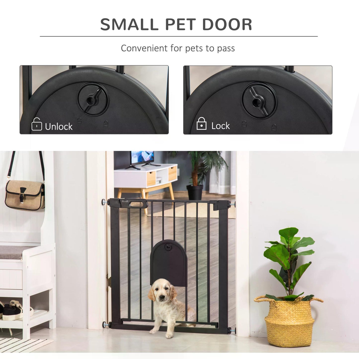 Dog Gate with Cat Flap Pet Safety Gate Barrier, Stair Pressure Fit, Auto Close, Double Locking, for Doorways, Hallways, 75-82 cm Black