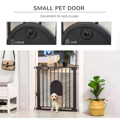 Dog Gate with Cat Flap Pet Safety Gate Barrier, Stair Pressure Fit, Auto Close, Double Locking, for Doorways, Hallways, 75-82 cm Black