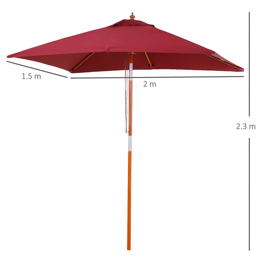 2 x 1.5m Patio Garden Parasol Sun Umbrella Sunshade Canopy Outdoor Backyard Furniture Fir Wooden Pole 6 Ribs Tilt Mechanism - Wine Red