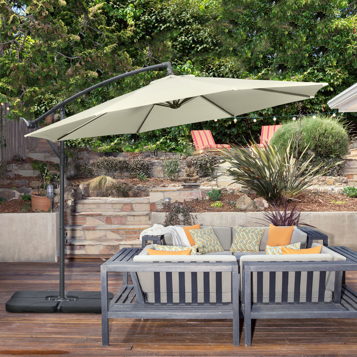 3(m) Garden Banana Parasol Cantilever Umbrella with Crank Handle, Cross Base, Weights and Cover for Outdoor, Hanging Sun Shade, Beige