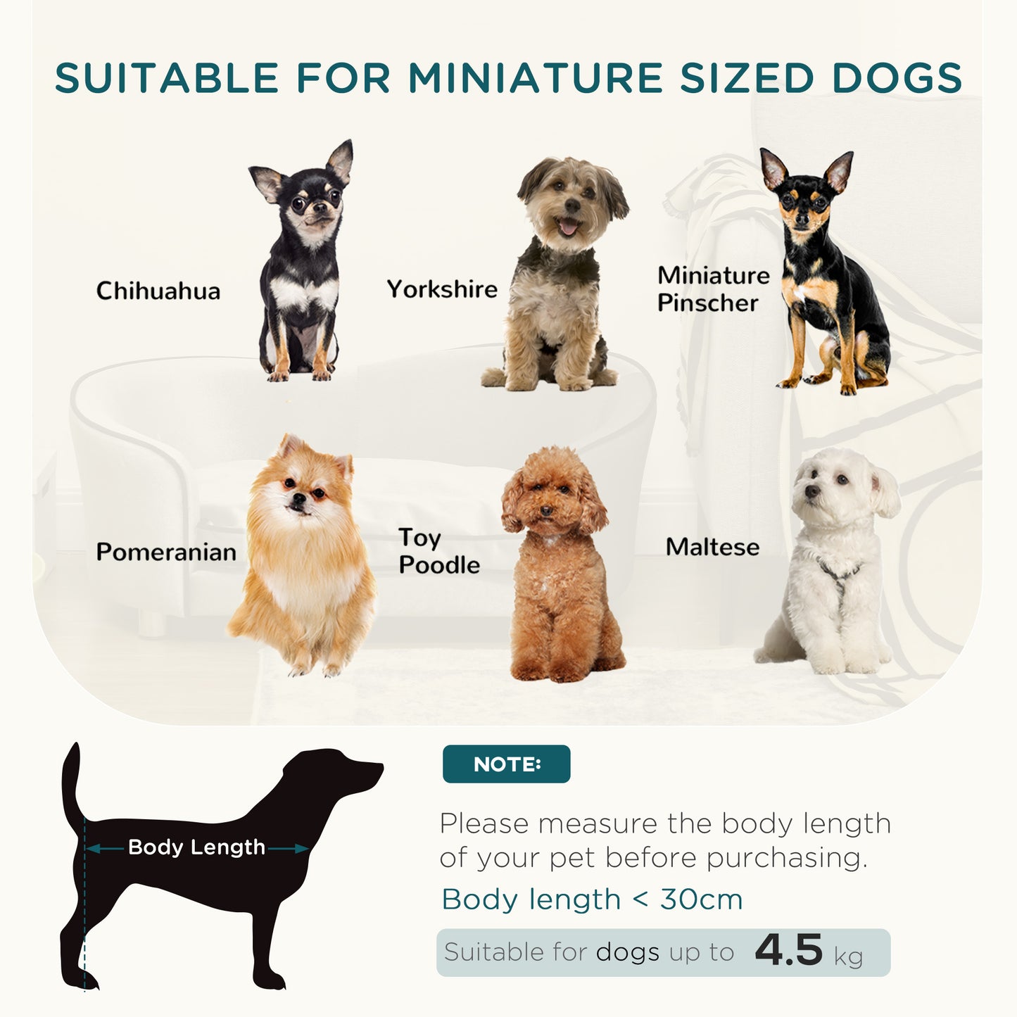 Dog Sofa Bed for Miniature Dogs, Pet Chair Couch Kitten Lounge with Soft Washable Cushion, Thick Sponge, Wooden Frame, Storage Pocket