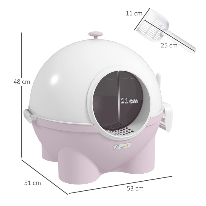 Large Cat Litter Box, Hooded Cat Litter Tray with Lid, Scoop, Top Handle, Front Entrance, 53 x 51 x 48cm - Pink