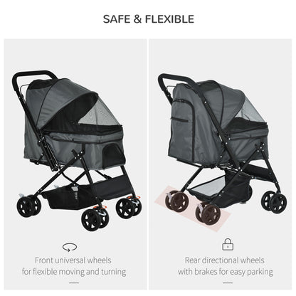 Pet Stroller Dog Cat Travel Pushchair Foldable Jogger with Reversible Handle EVA Wheel Brake Basket Adjustable Canopy Safety Leash for Small Dogs, Grey