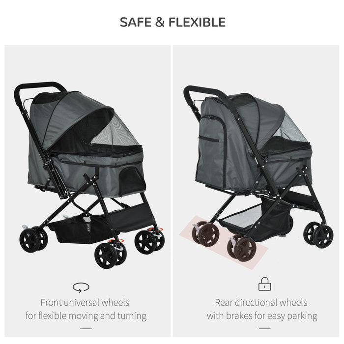 Pet Stroller Dog Cat Travel Pushchair Foldable Jogger with Reversible Handle EVA Wheel Brake Basket Adjustable Canopy Safety Leash for Small Dogs, Grey