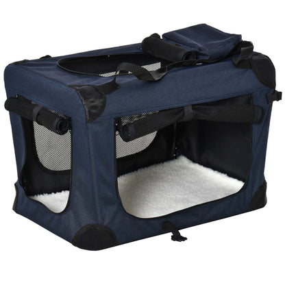Folding Pet Carrier Bag Soft Portable Dog Cat Crate Puppy Kennel Cage House with Cushion Storage Bags Dark Blue, 60 x 41.5 x 41cm