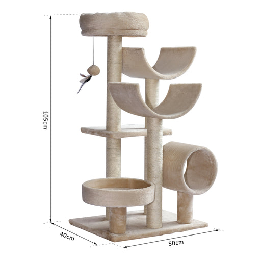 Cat Tree for Indoor Cats Kitten Pet Scratching Post Perch Activity Center Scratcher Climb Post Play House Arch with Tunnel 105cm Tall Beige