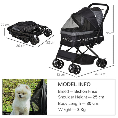 Pet Stroller Dog Cat Travel Pushchair Foldable Jogger with Reversible Handle EVA Wheel Brake Basket Adjustable Canopy Safety Leash for Small Dogs, Black