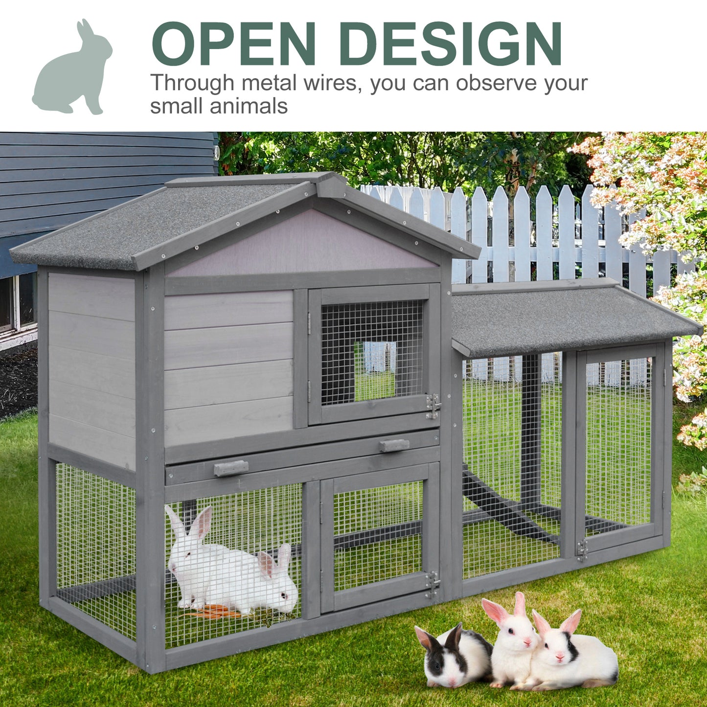 Wooden Rabbit Hutch Outdoor, Double Tier Guinea Pig Hutch, Small Animal House Water-Resistant Roof Ramp 147 x 54 x 84 cm