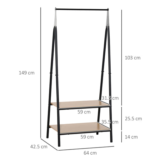 Clothes Rail, Freestanding Metal Clothes Rack with 2 Tier Storage Shelves for Bedroom and Entryway, 64 x 42.5 x 149 cm, Black Frame