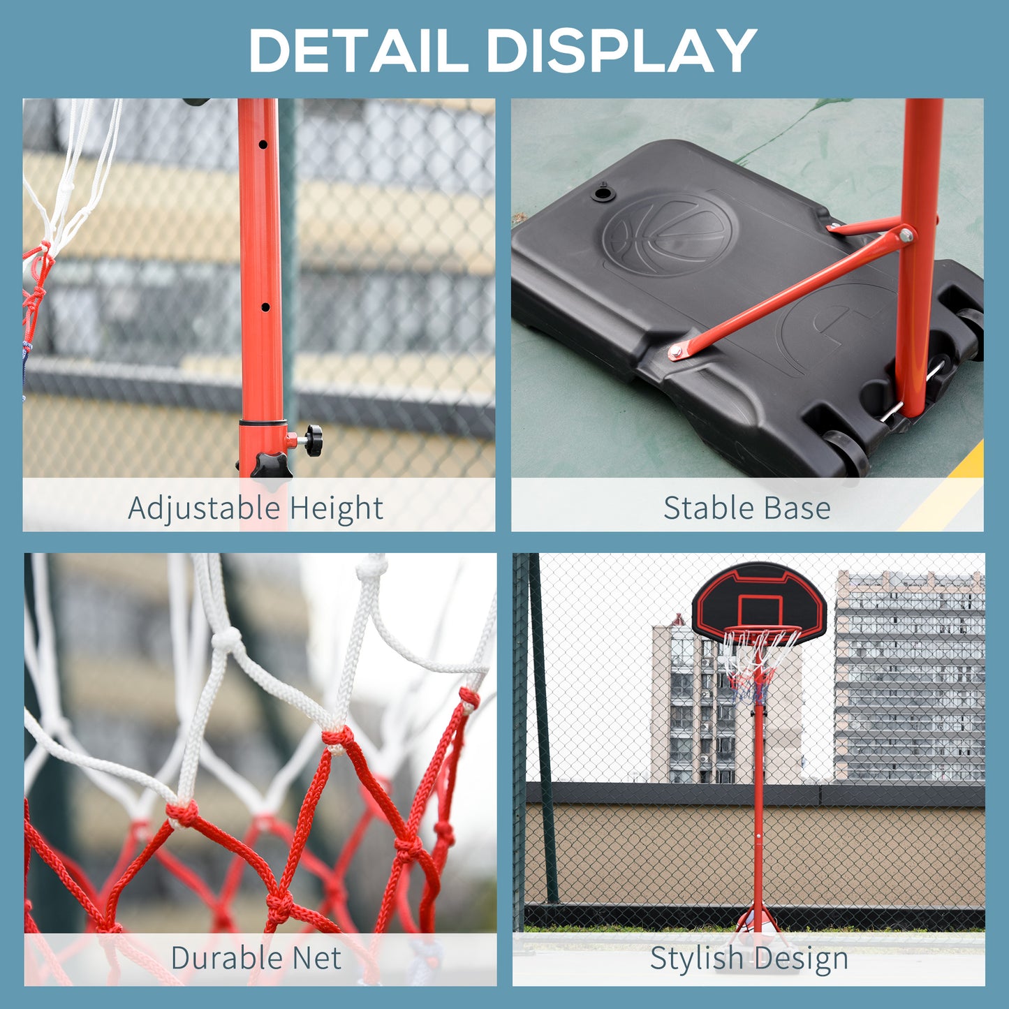 HOMCOM Basketball Stand Net Hoop Backboard Portable 155-210cm Hoop Height Adjustable with Wheels for Kids Sports Fun