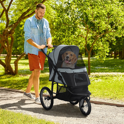 Pet Stroller Jogger for Medium, Small Dogs, Foldable Cat Pram Dog Pushchair w/ Adjustable Canopy, 3 Big Wheels - Grey