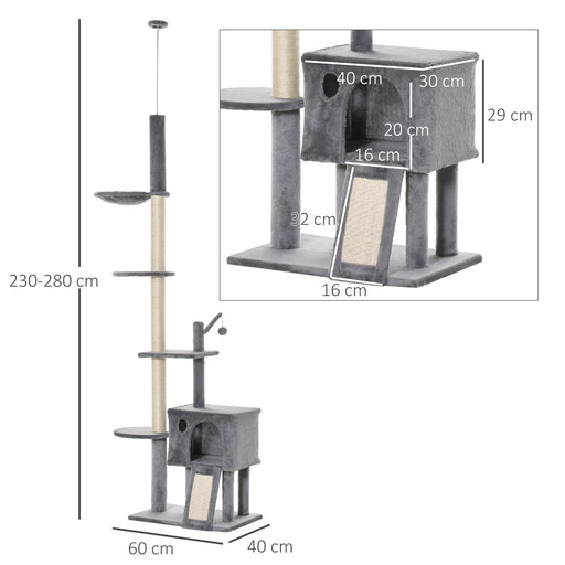 270cm Floor To Ceiling Cat Tree Cat House Scratching Post for Indoor Cats Hammock Hanging Ball Activity Center Grey