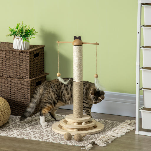 56cm Cat Tree, Kitty Activity Centre w/ Turntable Interactive Toy Ball, Cat Tower w/ Jute and Sisal Scratching Post - Natural Finish